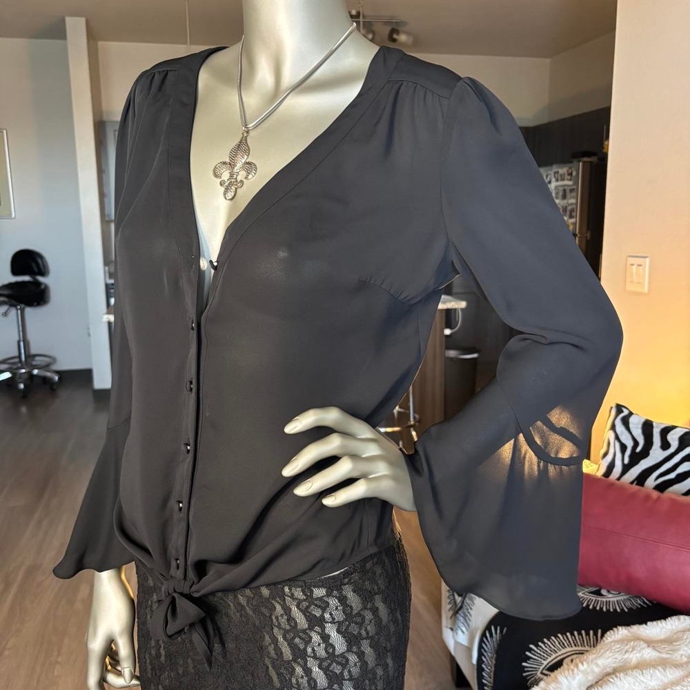Bebe Y2K Black Sheer Tie Front Bell Sleeve Blouse 🖤🍒